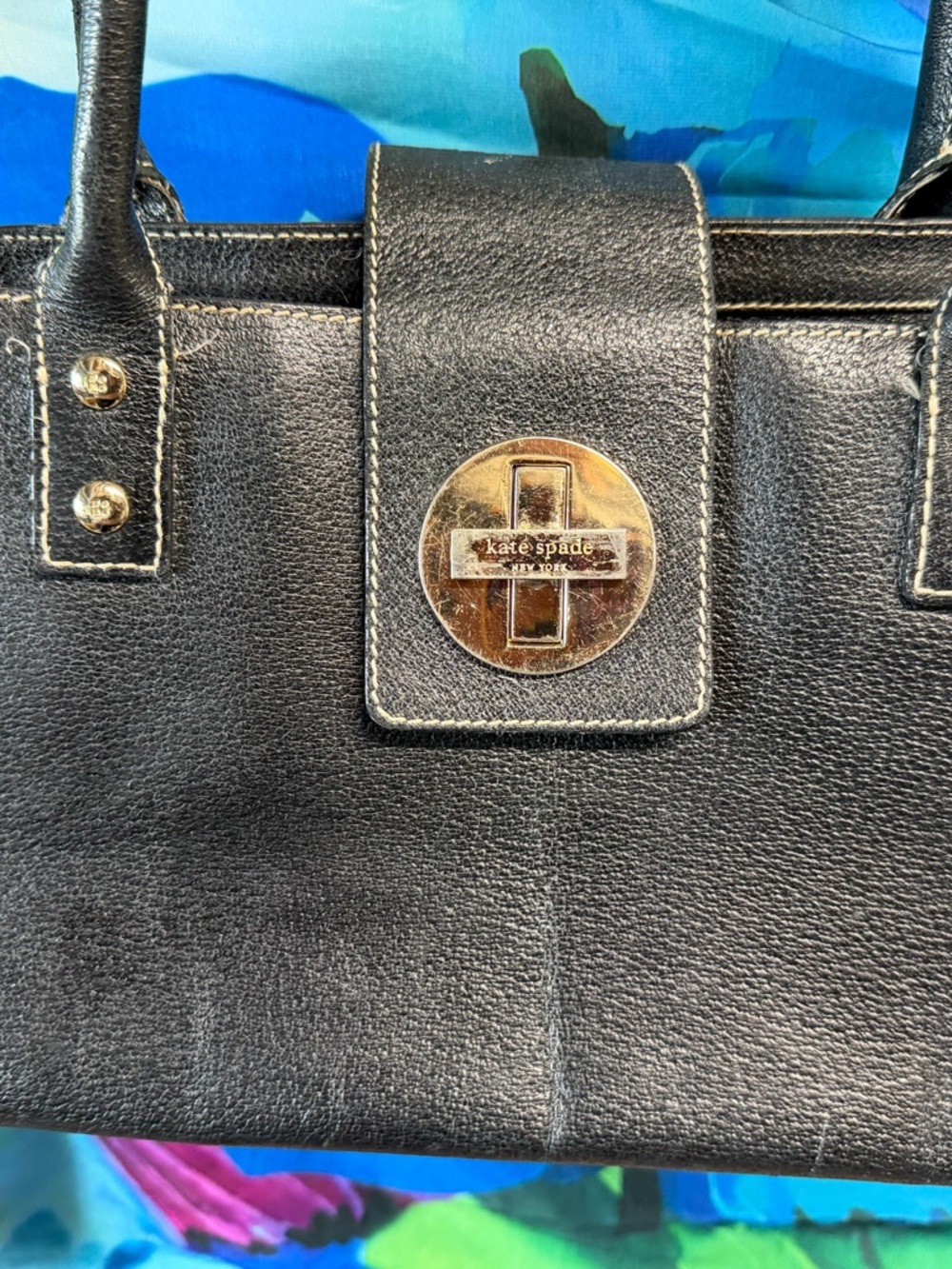 kate spade Black Leather Satchel with Gold Turnlock Accent